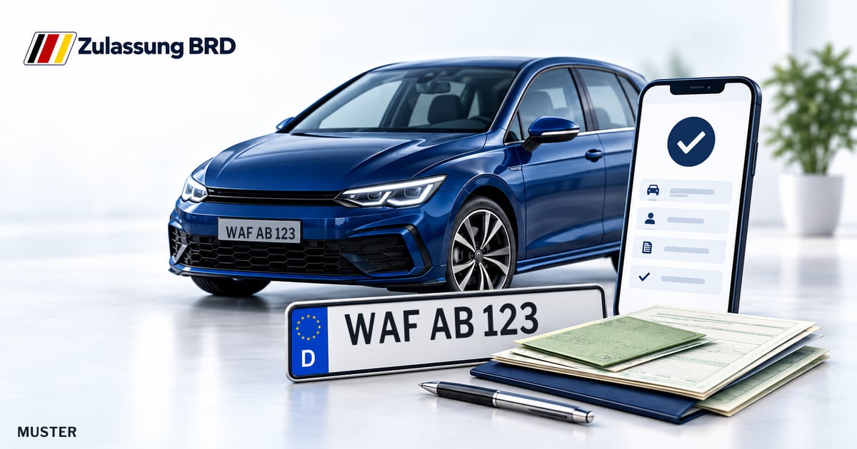 Online Fahrzeugzulassung in Sendenhorst: Musterkennzeichen WAF AB 123, Auto und Fahrzeugpapiere und Smartphone. Illustration mit Logo von Zulassung BRD.